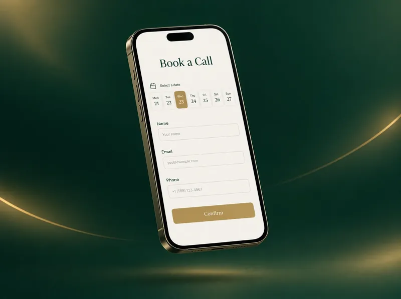 Mobile booking form with a date picker and contact fields.