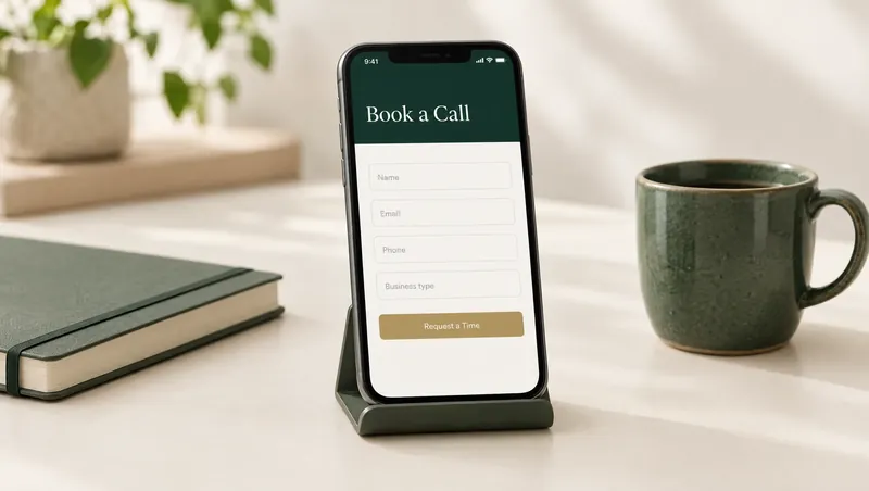 Phone on a desk showing a simple Book a Call form.