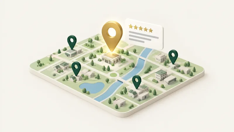 Illustration of a town map with one highlighted location pin and a five-star review card.
